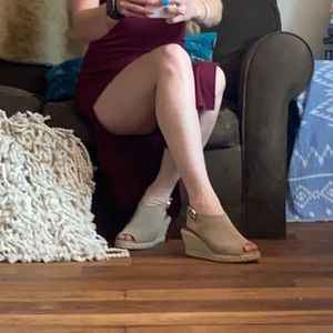 Sophisticated strappy wedge, tan suede, open toe, like new